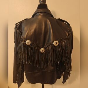 Motorcycle Jacket Unisex 46 Fringes Leather Black Conchos EUC